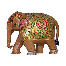 Painted Trunk-Down Teak Wood Elephant