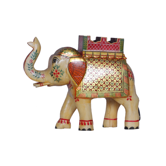 Vibrant Camel Bone Trunk-Up Elephant with Howdah