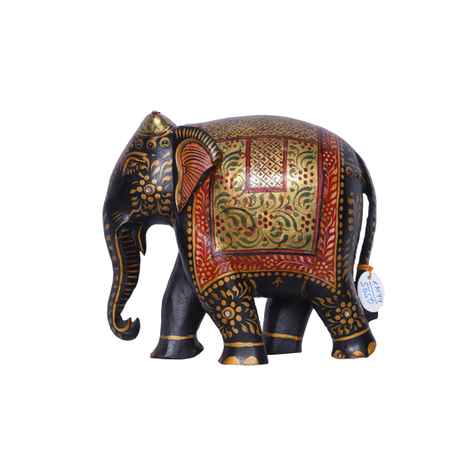 Painted Teak Wood Carved Elephant with Stone Work