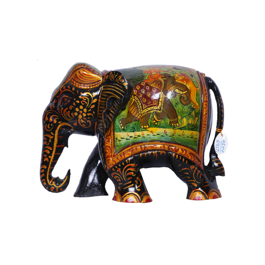 Dark Teak Wood Painted Carved Elephant