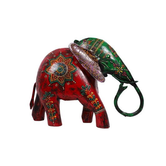 Painted Wooden Elephant with Metal Mask
