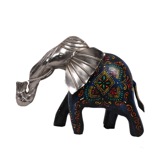 Intricate Wooden Elephant with Metal Mask