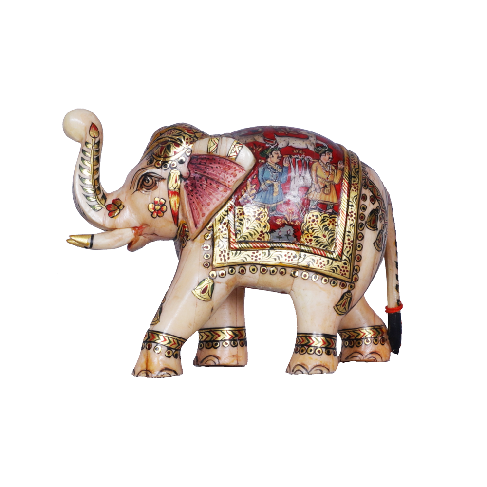 Bright Camel Bone Trunk-Up Elephant with Howdah