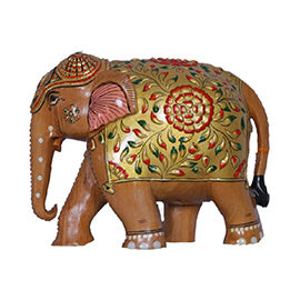 Painted Trunk-Down Teak Wood Elephant