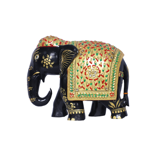 Majestic Dark Teak Floral Painted Elephant