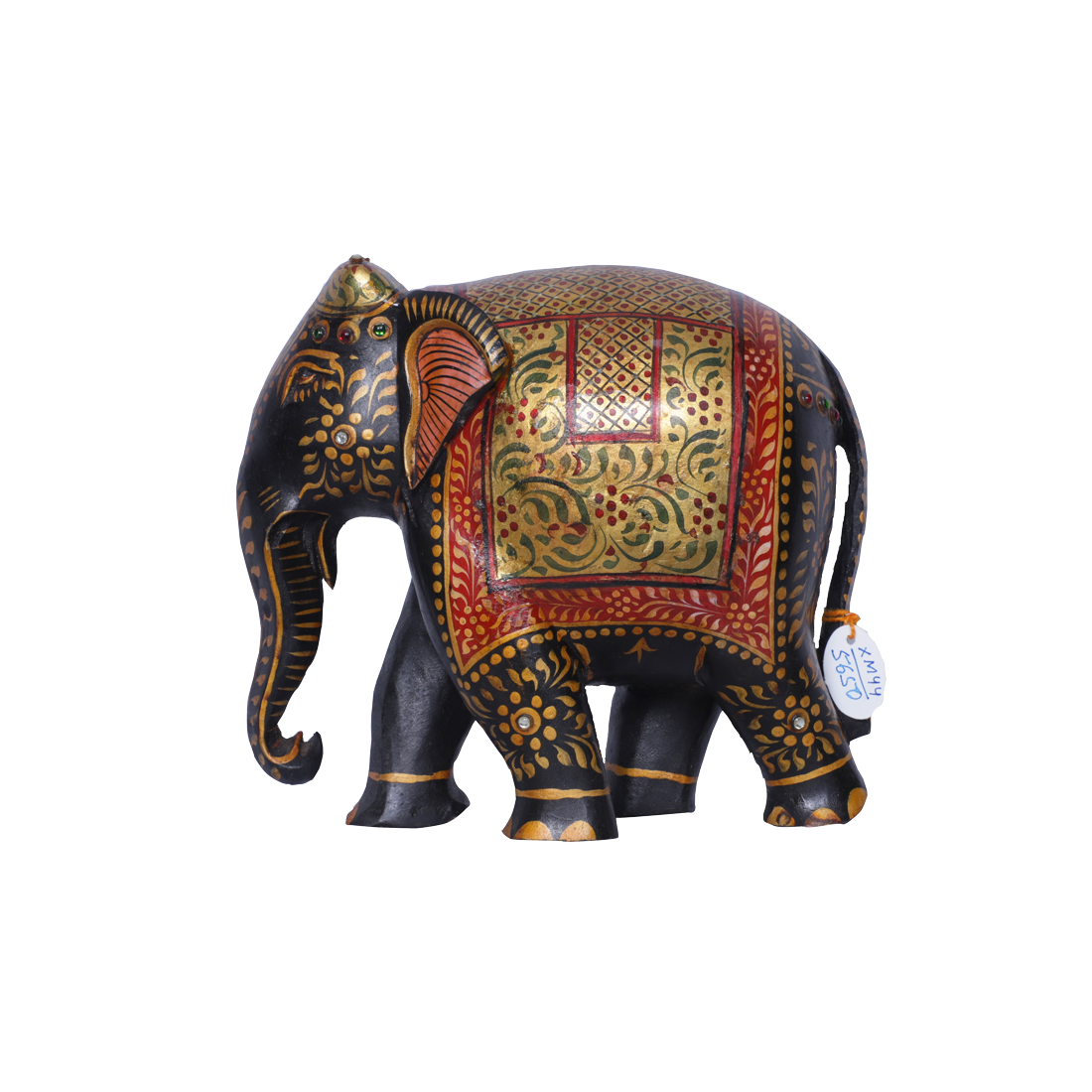 Painted Teak Wood Carved Elephant with Stone Work