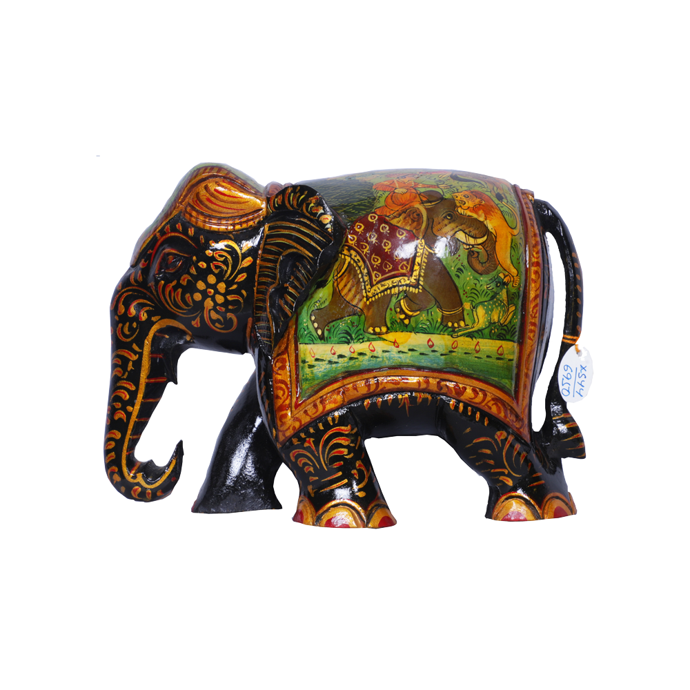 Dark Teak Wood Painted Carved Elephant