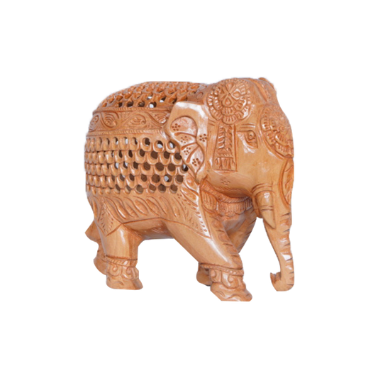 Jaali-Designed Wooden Elephant with Base