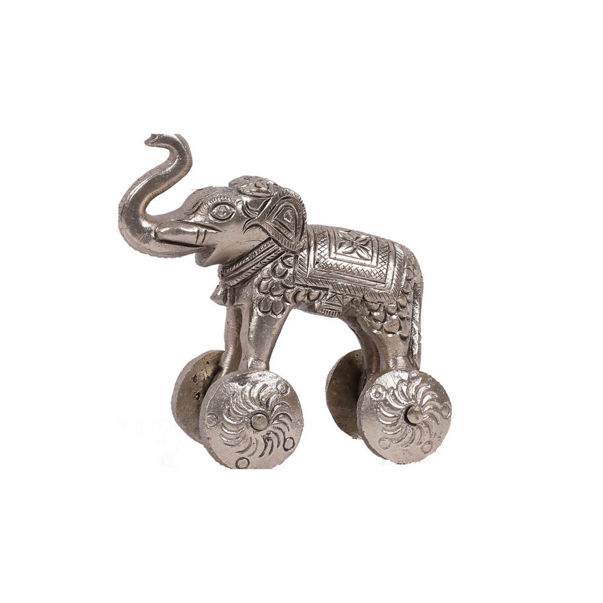 Carved Silver Brass Elephant on Wheels