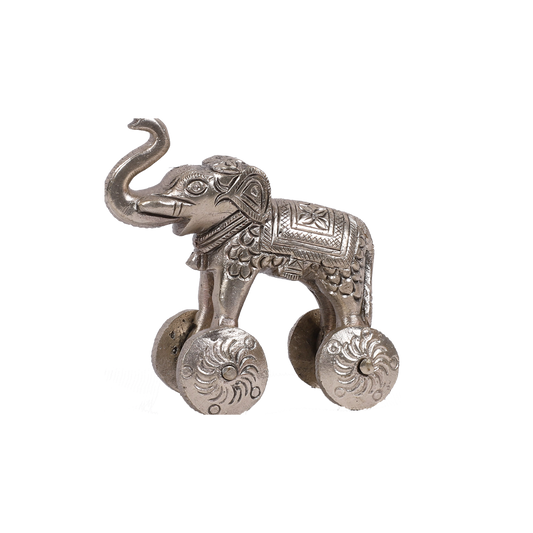 Carved Silver Brass Elephant on Wheels