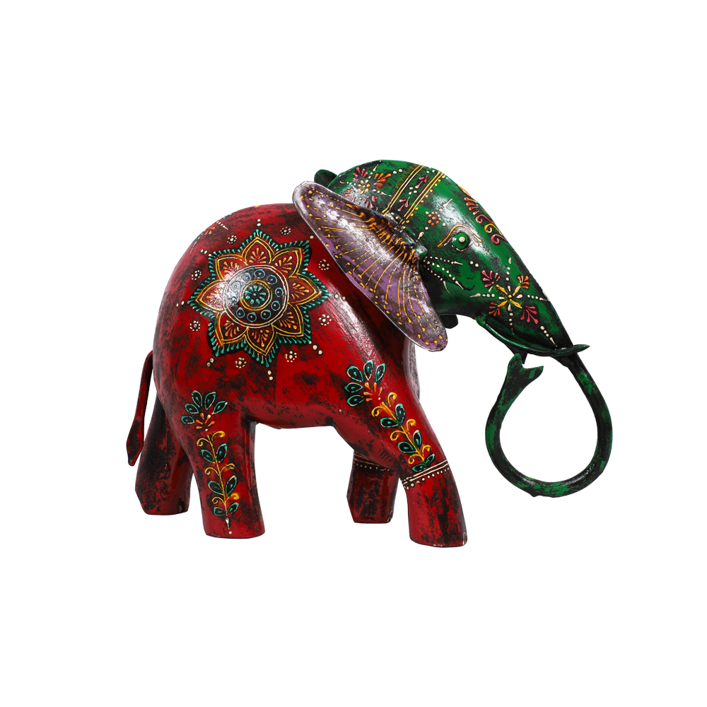 Painted Wooden Elephant with Metal Mask