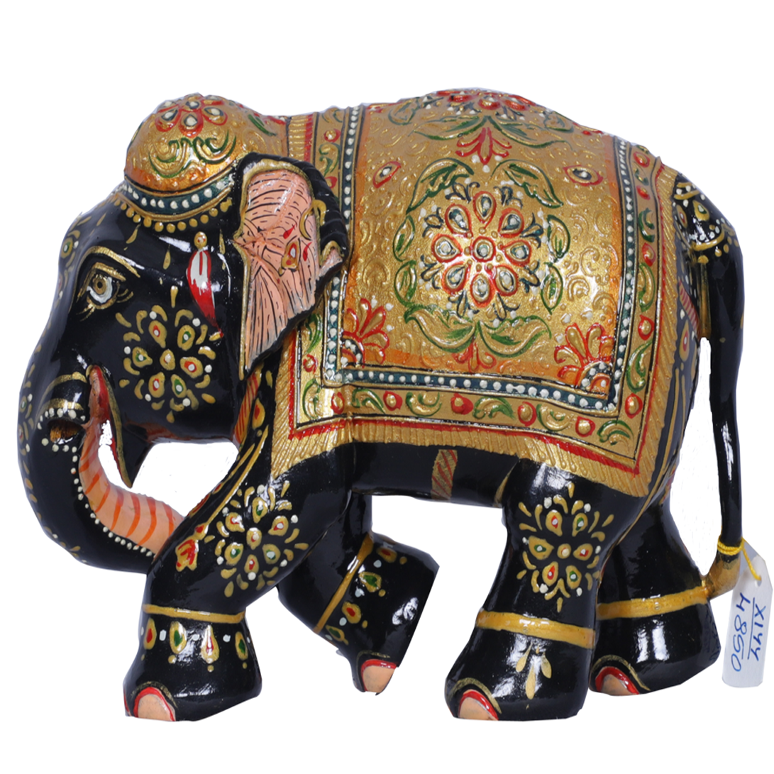 Painted Dark Wood Trunk-Down Elephant