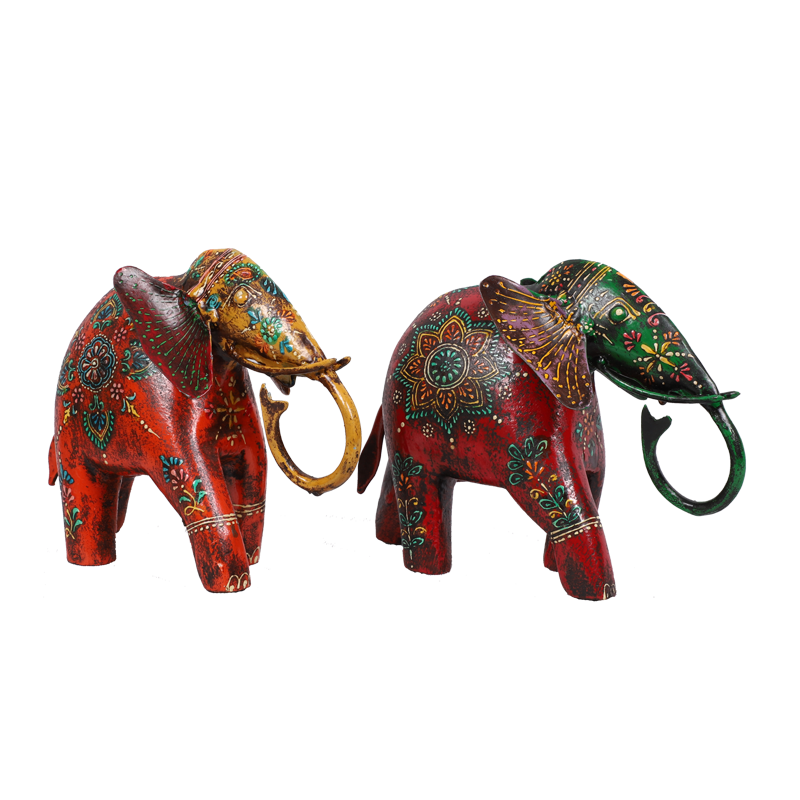 Painted Wooden Elephant with Metal Mask