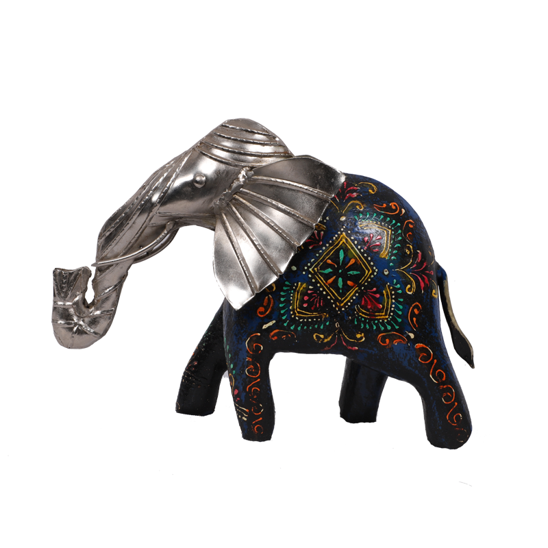 Intricate Wooden Elephant with Metal Mask